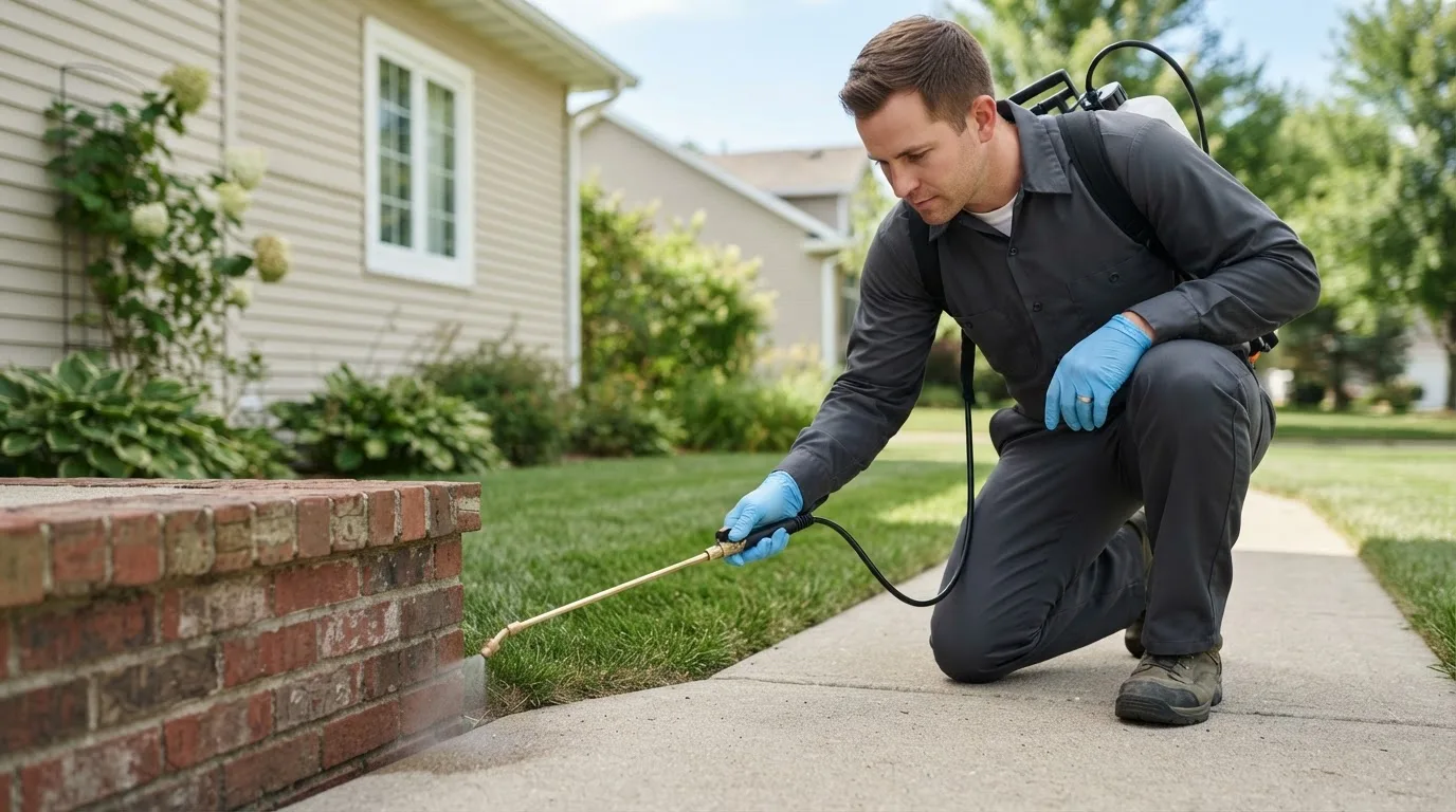 Pest control technician treating a home near Paynes Creek, CA